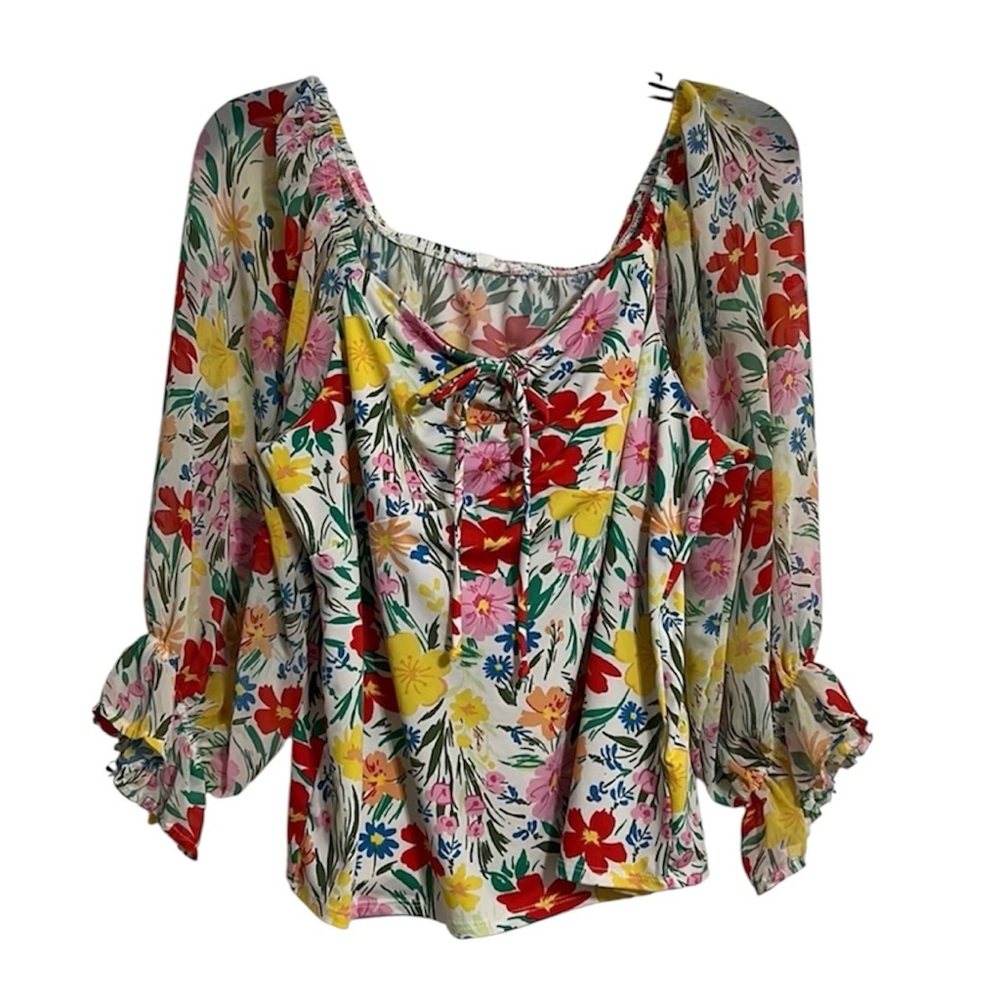 Perseption Concept Floral Print Ruffle Sleeve Tie Neck Blouse XL